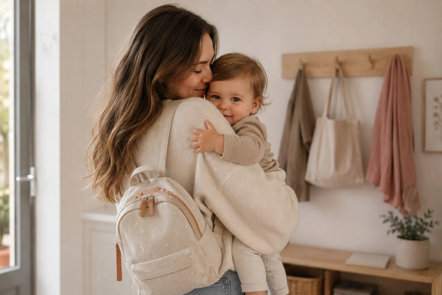 Une maman tenant son bébé contre elle, sac sur l'épaule, prête à partir